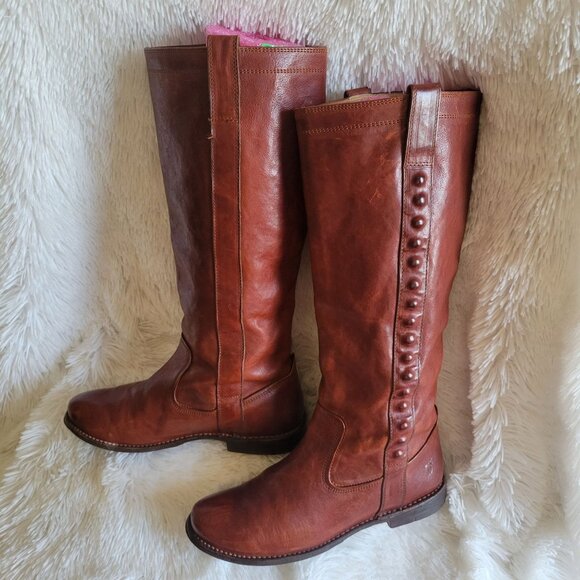 Frye Boots Paige Stud Cognac Leather Riding 7.5B 76121 Tall Pull-on Women - Picture 9 of 12